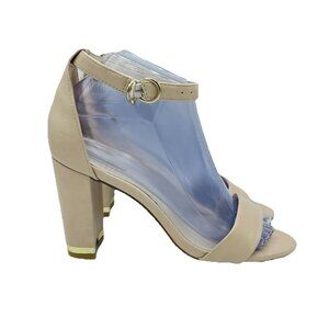 Aldo Shoe Womens Size 6.5 Beige Block High Heels Sandals Gold Accent Ankle Strap
